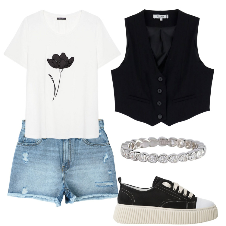 Outfit donna - Total look #2111800. Stile Sporty chic per Tutti i giorni. Abbinamento con shorts, anelli, gilet, sneakers, t-shirt.