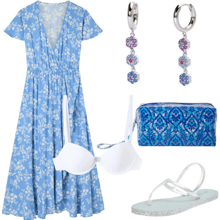Outfit donna - Primavera. Stile Romantica per Tutti i giorni. Abbinamento con sandali, vestiti lunghi, pochette, reggiseni, orecchini.