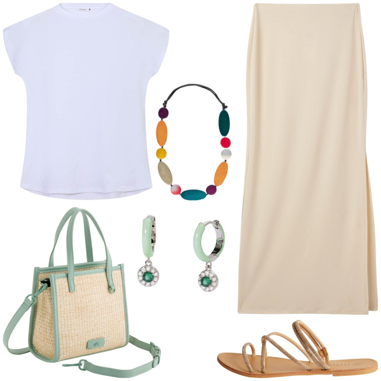 Outfit donna - Total look da spiaggia. Stile Basic per Mare. Abbinamento con gonne lunghe, t-shirt, sandali, orecchini, collane, borse a mano.