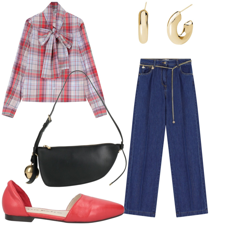 Outfit donna - Da parenti. Stile Sporty chic per Tutti i giorni. Abbinamento con borse a mano, ballerine, orecchini, jeans, camicie.