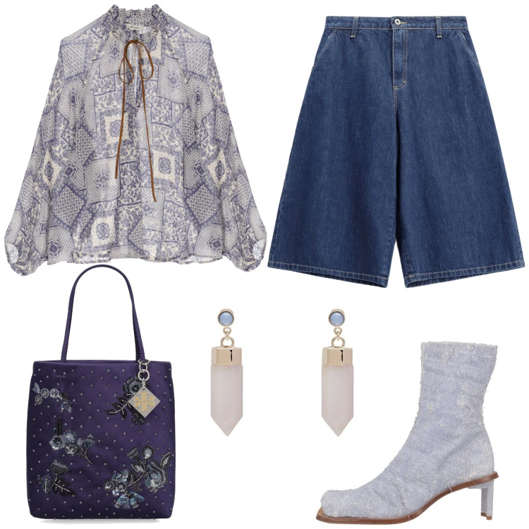 Outfit donna - Blusa e bermuda. Stile Casual per Tutti i giorni. Abbinamento con orecchini, stivaletti, bermuda, bluse, borse a mano.