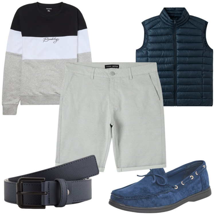 Outfit uomo - Total look #2111830. Stile Trendy per Tutti i giorni. Abbinamento con scarpe stringate, shorts, gilet, felpe, cinture.