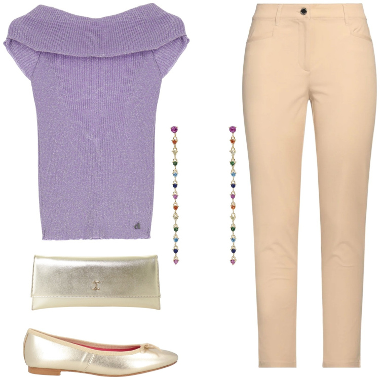 Outfit donna - Pranzo con parenti. Stile Casual chic per Tutti i giorni. Abbinamento con ballerine, pantaloni, orecchini, pochette, pullovers.