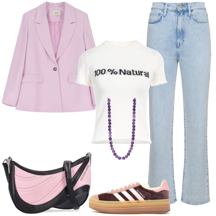 Outfit donna - Semplice con stile. Stile Casual chic per Tutti i giorni. Abbinamento con pullovers, collane, blazer, borse a spalla, sneakers, jeans.