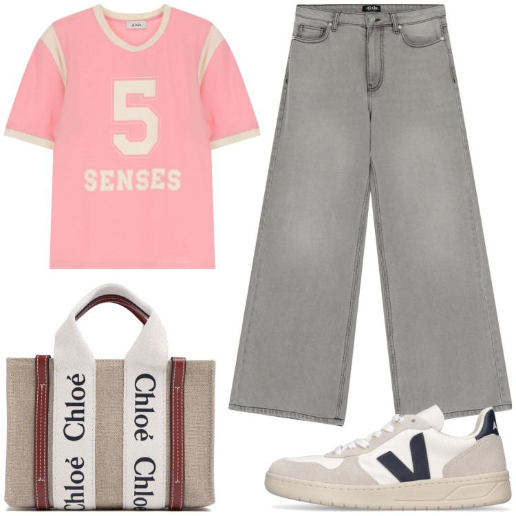 Outfit donna - Gita fuori porta. Stile Casual per Tutti i giorni. Abbinamento con jeans, t-shirt, sneakers, borse a mano.