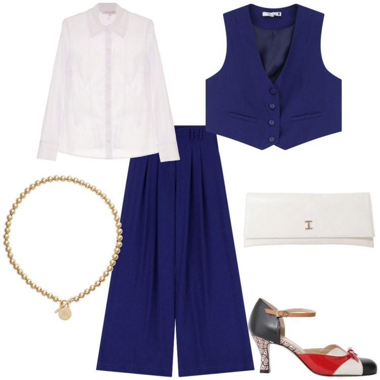 Outfit donna - Completo blu. Stile Mannish per Serata fuori. Abbinamento con camicie, pantaloni, gilet, pochette, décolleté, collane.