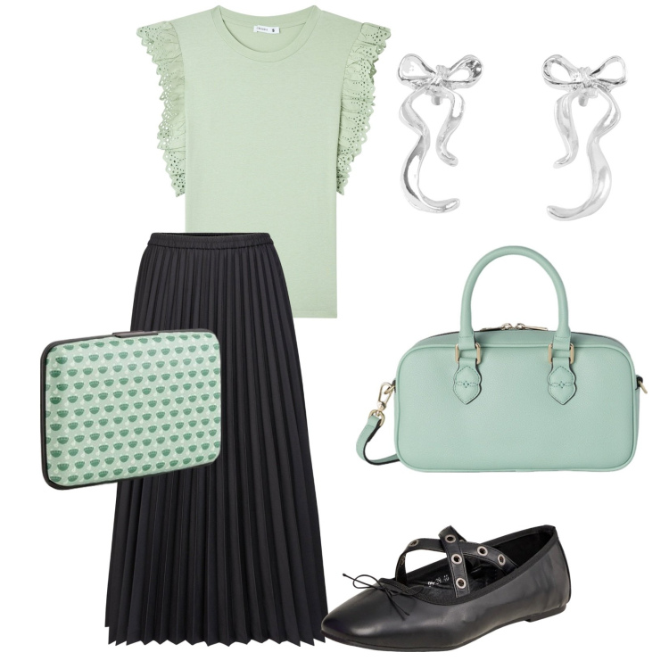 Outfit donna - Verde acqua. Stile Chic per Ufficio. Abbinamento con t-shirt, ballerine, orecchini, gonne longuette, portafogli, borse a mano.