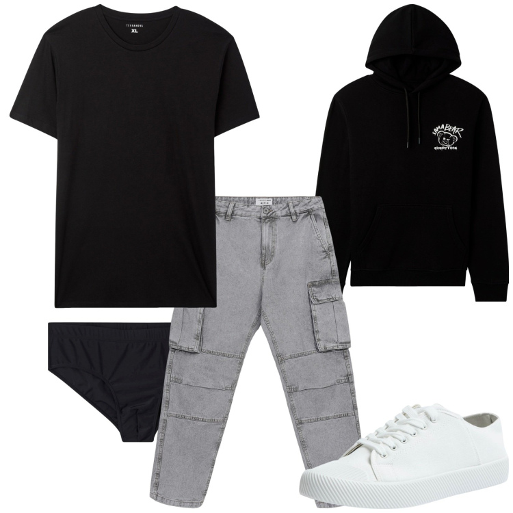 Outfit uomo - Total look #2111852. Stile Urban per Tutti i giorni. Abbinamento con costumi, t-shirt, sneakers, jeans, felpe sportive.