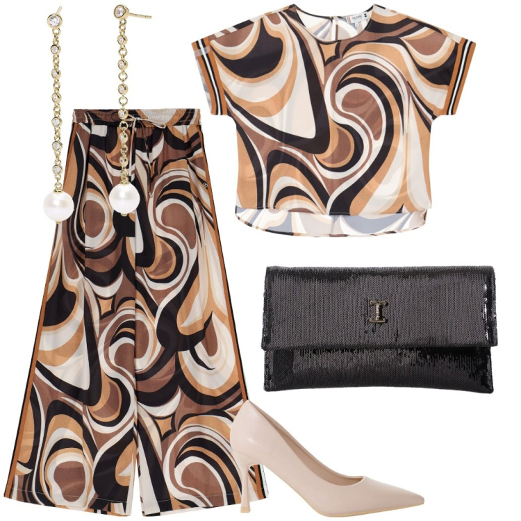 Outfit donna - Party in fantasia. Stile Glamour per Cerimonia. Abbinamento con orecchini, pantaloni, bluse, décolleté, borse a tracolla.