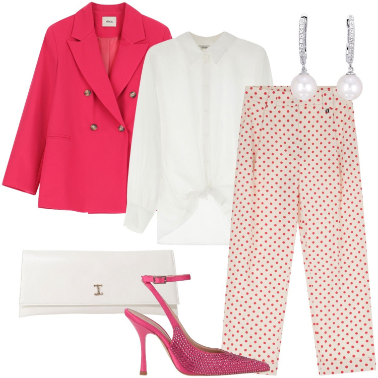 Outfit donna - Pois e strass. Stile Bon Ton per Cerimonia. Abbinamento con décolleté, orecchini, pochette, camicie, pantaloni, blazer.
