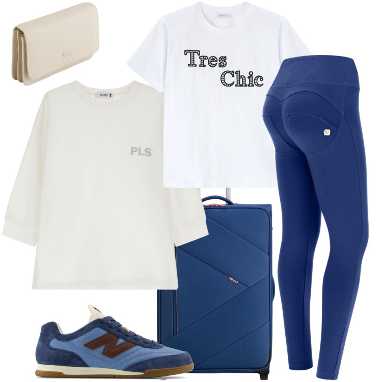 Outfit donna - In viaggio. Stile Sporty chic per Tutti i giorni. Abbinamento con sneakers, felpe, pantaloni skinny, t-shirt, valigie, portafogli.