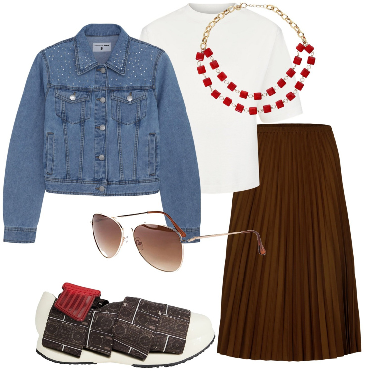 Outfit donna - Le sneakers trendy. Stile Trendy per Tutti i giorni. Abbinamento con occhiali da sole, sneakers, cappotti, collane, gonne longuette, t-shirt.