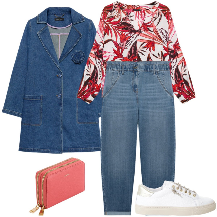 Outfit donna - Il trench in jeans. Stile Casual chic per Tutti i giorni. Abbinamento con sneakers, trench, bluse, jeans, portafogli.