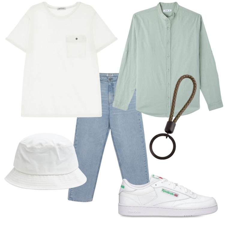 Outfit uomo - Total look #2111866. Stile Casual per Tutti i giorni. Abbinamento con camicie, cappelli, jeans, t-shirt, portachiavi, sneakers.