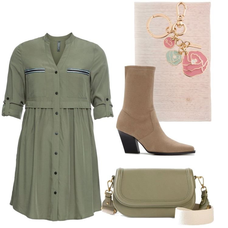Outfit donna - Questione di stile. Stile Casual per Tutti i giorni. look ideale per Tall. Abbinamento con stivaletti, vestiti chemisier, borse a tracolla, stole, portachiavi.