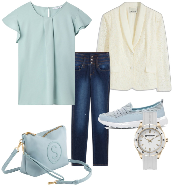 Outfit donna - Ufficio primavera. Stile Casual chic per Ufficio. Abbinamento con jeans slim fit, sneakers, blazer, bluse, orologi, valigie.