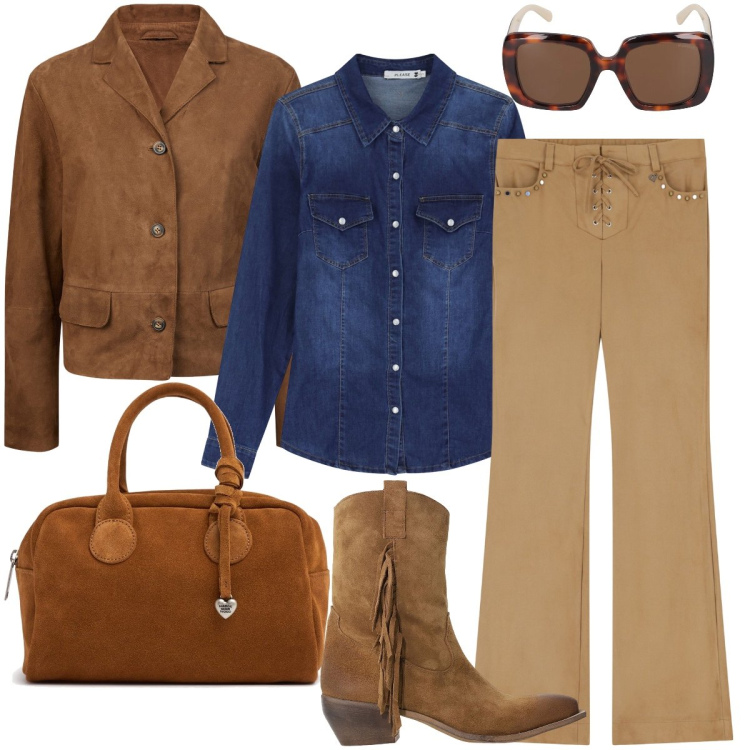 Outfit donna - Come su un set western. Stile Trendy per Tutti i giorni. Abbinamento con camicie, pantaloni, stivali, blazer, occhiali da sole, borse a mano.