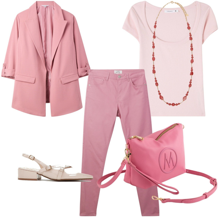 Outfit donna - Emozioni in rosa. Stile Casual per Ufficio. Abbinamento con décolleté, t-shirt, pantaloni, blazer, collane, valigie.