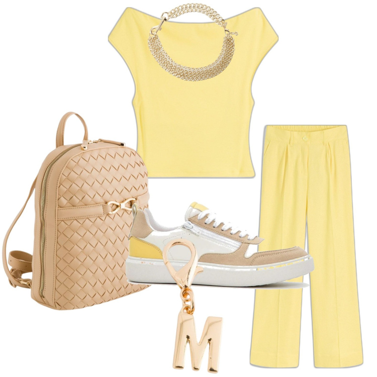 Outfit donna - Giallo limone day. Stile Glamour per Scuola/Università. Abbinamento con pantaloni a palazzo, sneakers, maglieria, collane, zaini, portachiavi.