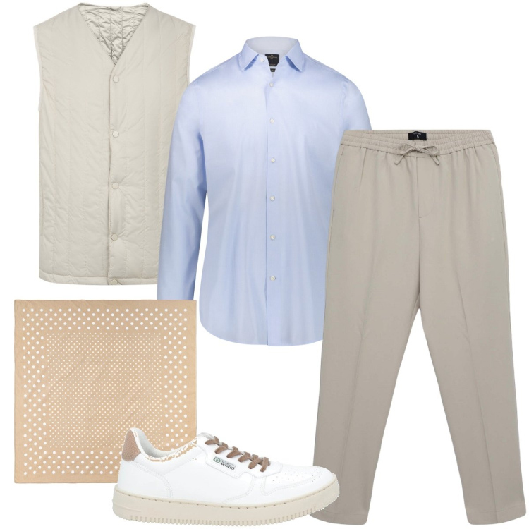 Outfit uomo - Eleganza chiara. Stile Business/Elegante per Ufficio. Abbinamento con sneakers, pantaloni, piumini, camicie, sciarpe e foulard.