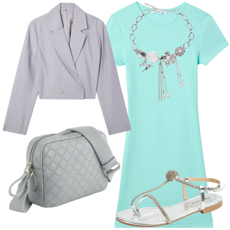 Outfit donna - Aperitivo in piscina. Stile Casual chic per Serata fuori. look ideale per Petite. Abbinamento con blazer, vestiti, ciabatte, collane, borse a tracolla.