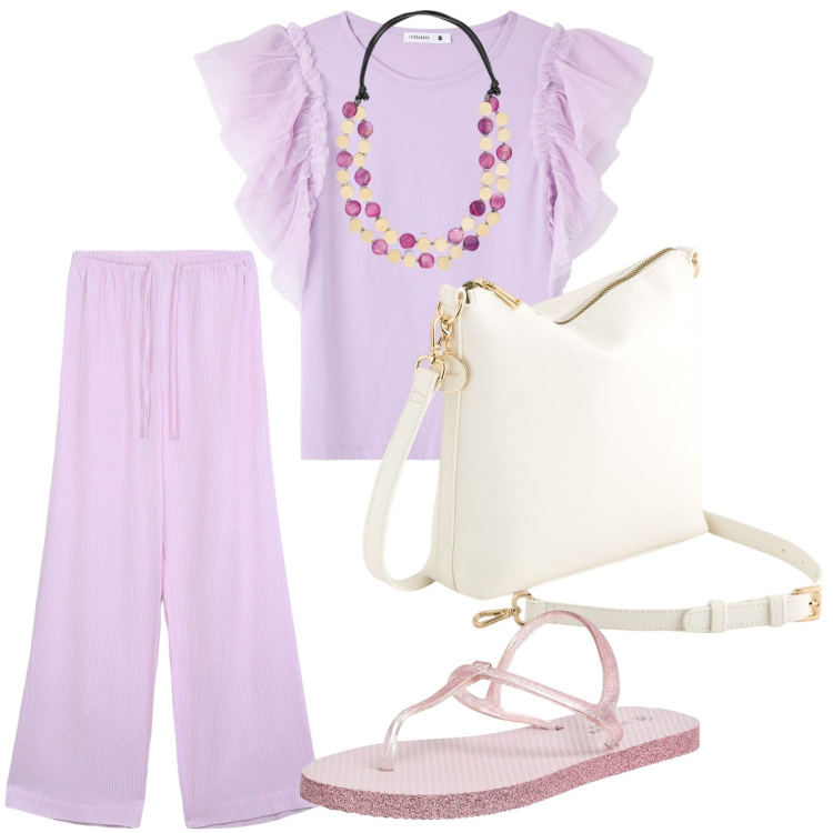 Outfit donna - Voglia di lilla. Stile Casual per Tutti i giorni. look ideale per Petite. Abbinamento con t-shirt, pantaloni, sandali, collane, borse a tracolla.