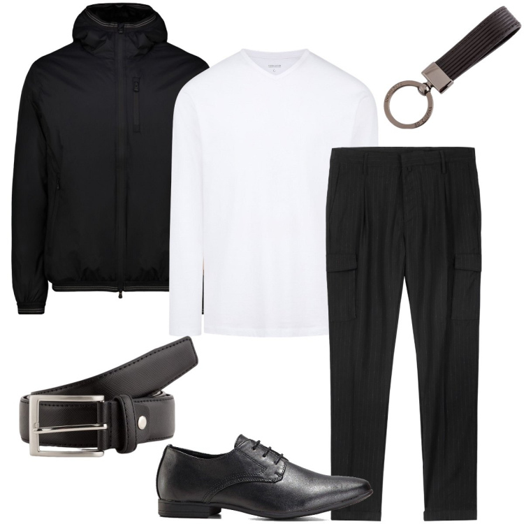 Outfit uomo - Black and white. Stile Business/Elegante per Serata speciale. Abbinamento con scarpe stringate, giacche, pantaloni cargo, t-shirt, cinture, portachiavi.