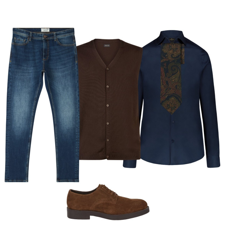 Outfit uomo - Abbinamenti particolari. Stile Business/Elegante per Ufficio. Abbinamento con jeans skinny, camicie, gilet, scarpe stringate, cravatte.