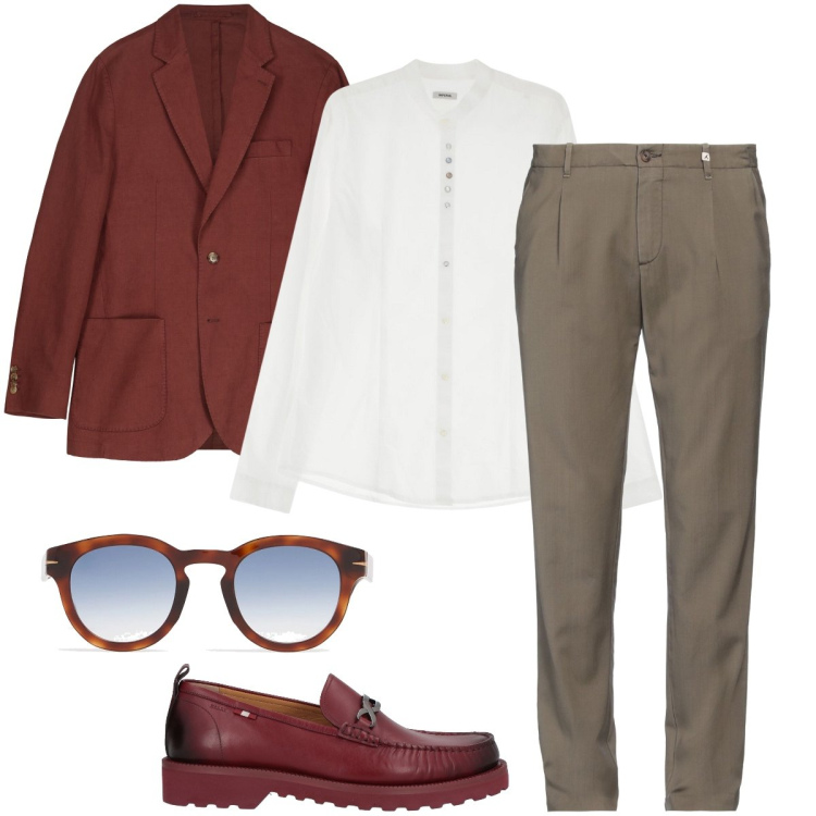 Outfit uomo - Dettagli bordeaux. Stile Business/Elegante per Ufficio. Abbinamento con pantaloni, scarpe stringate, camicie, giacche, occhiali da sole.