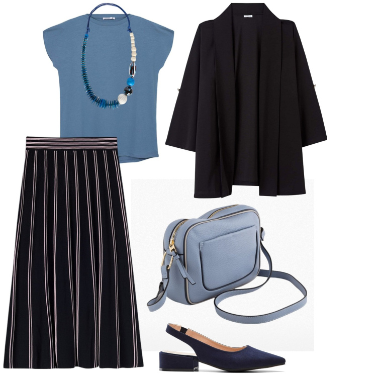 Outfit donna - Comoda con la gonna. per Tutti i giorni. Abbinamento con décolleté, blazer, t-shirt, collane, borse a tracolla, gonne.