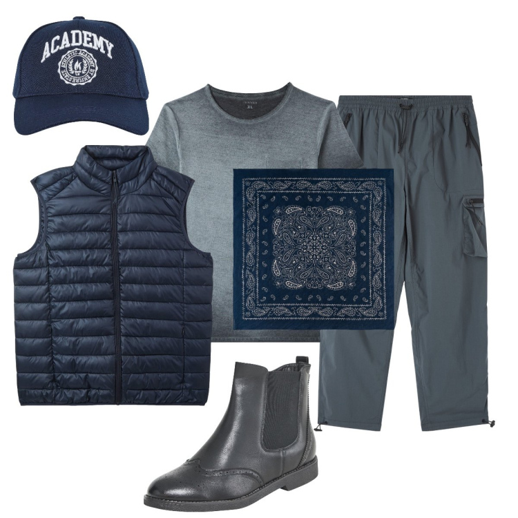 Outfit uomo - Casual Terranova. Stile Casual per Tutti i giorni. Abbinamento con piumini, t-shirt, stivali e stivaletti, pantaloni cargo, cappelli con visiera, sciarpe e foulard.