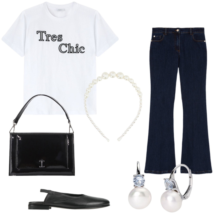 Outfit donna - Tres chic pure in jeans. Stile Urban per Tutti i giorni. Abbinamento con ballerine, orecchini, borse a tracolla, cerchietti, t-shirt, jeans.