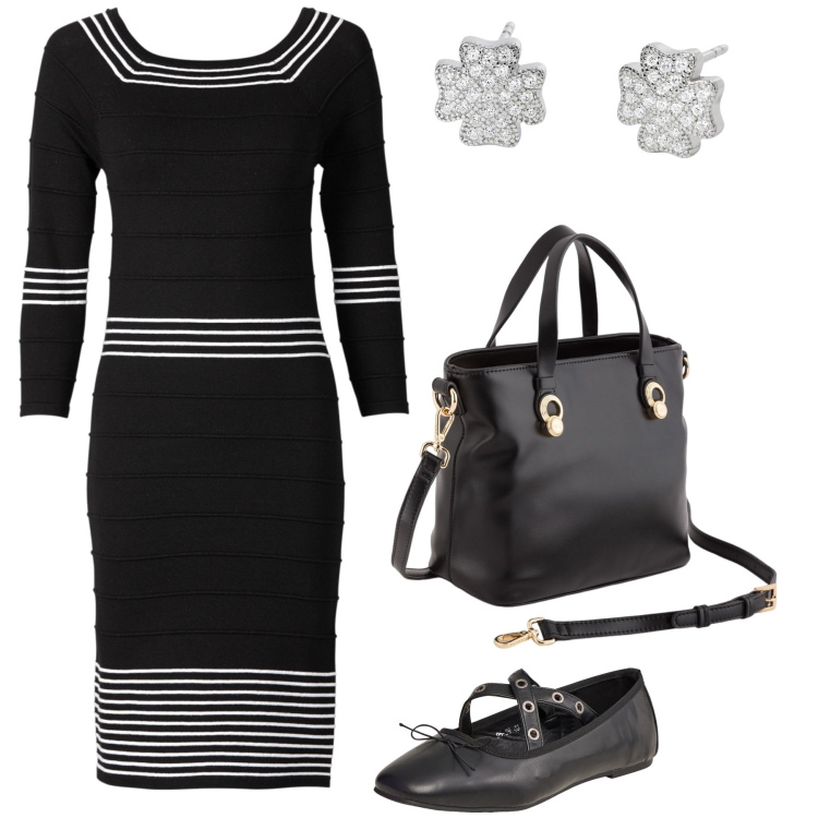 Outfit donna - Good luck. Stile Bon Ton per Tutti i giorni. Abbinamento con vestiti, ballerine, orecchini, borse a mano.