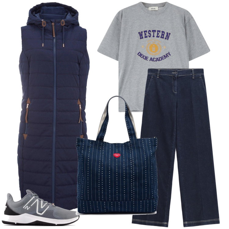 Outfit donna - Tempo incerto. Stile Casual chic per Tutti i giorni. Abbinamento con gilet, jeans dritti, sneakers, t-shirt, borse tote.