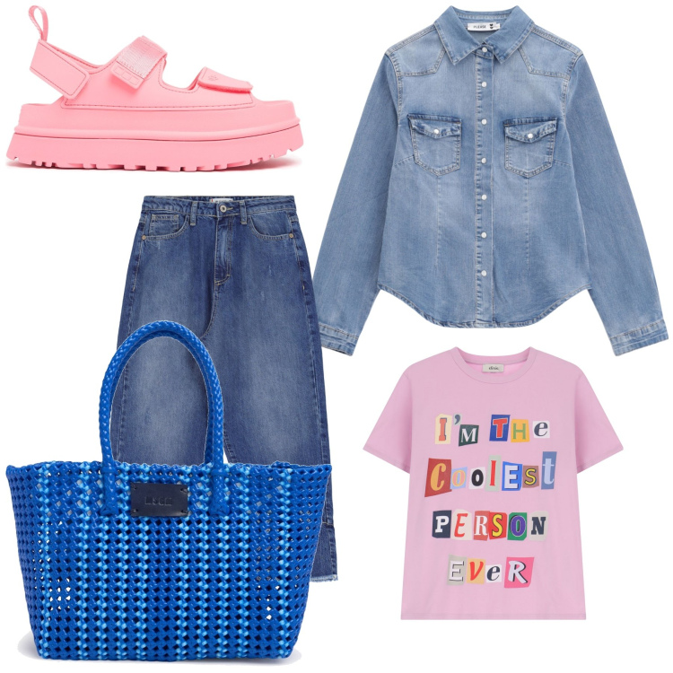 Outfit donna - Simpatica tshirt. Stile Basic per Tutti i giorni. Abbinamento con jeans, camicie, t-shirt, shopping bag, sandali.