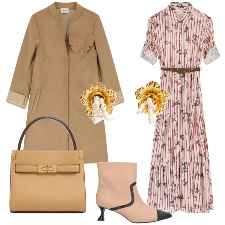 Outfit donna - Oggi al ristorante. Stile Chic per Tutti i giorni. Abbinamento con stivaletti, cappotti, vestiti lunghi, orecchini, borse a mano.