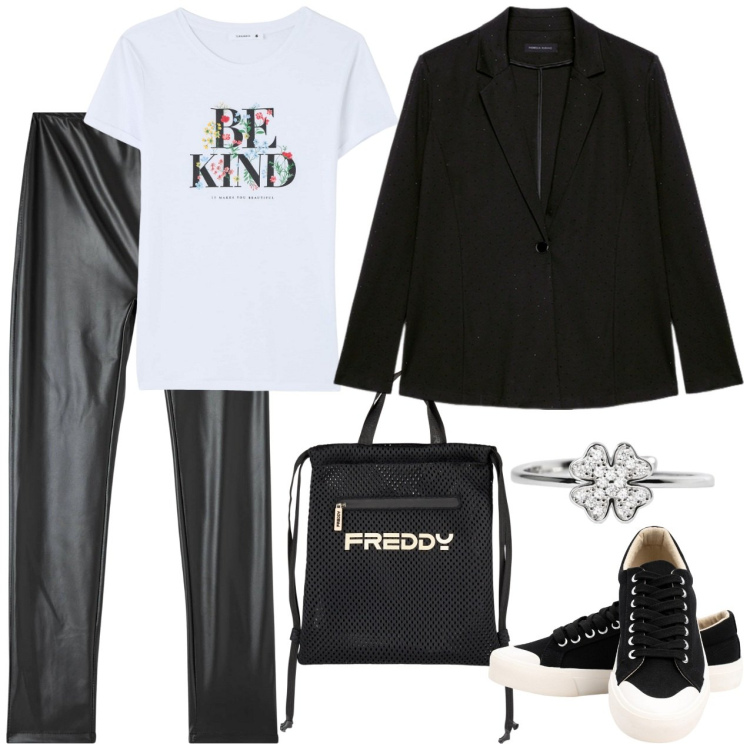 Outfit donna - Blazer e leggings simil pelle. Stile Trendy per Tutti i giorni. Abbinamento con treggings, t-shirt, anelli, zaini, sneakers, blazer.