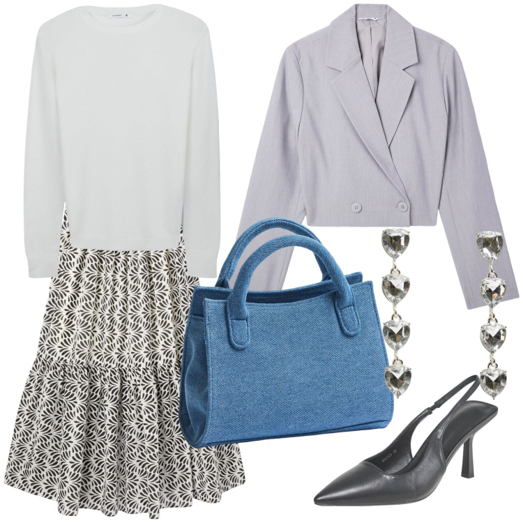 Outfit donna - Che amore di look Terranova. Stile Bon Ton per Tutti i giorni. Abbinamento con blazer, gonne lunghe, borse a tracolla, maglieria, orecchini, décolleté.