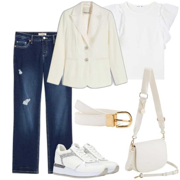 Outfit donna - Passeggiata domenicale. Stile Casual chic per Tutti i giorni. Abbinamento con blazer, jeans dritti, t-shirt, sneakers, borse a tracolla, cinture.