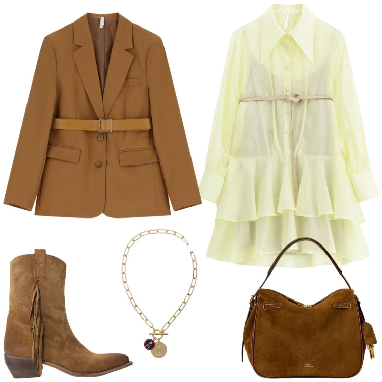 Outfit donna - Vestito con stivaletti cow girl. Stile Glamour per Ufficio. Abbinamento con vestiti corti, blazer, stivali, borse a mano, ciondoli.