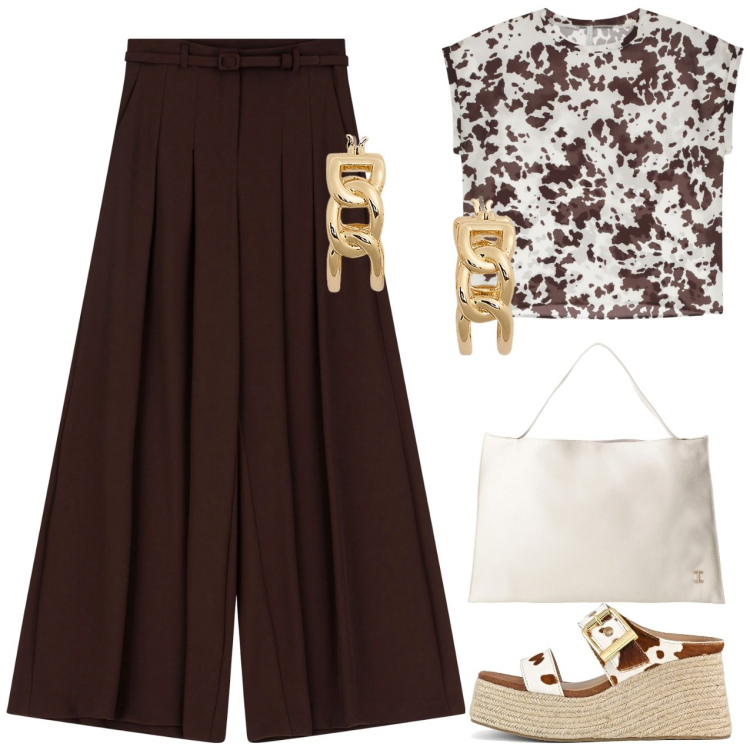 Outfit donna - T-shirt animalier. Stile Casual chic per Ufficio. Abbinamento con pantaloni, t-shirt, borse a spalla, orecchini, zeppe.