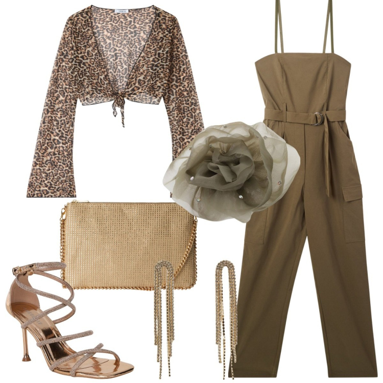 Outfit donna - Total look #2111932. Stile Glamour per Serata fuori. Abbinamento con tute, borse a tracolla, sandali col tacco, bolero, orecchini, foulard.