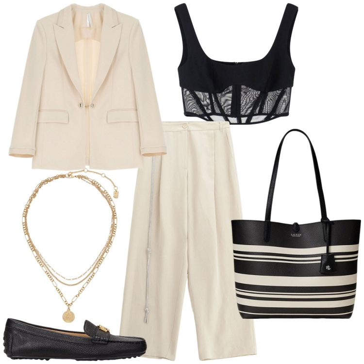 Outfit donna - Elegante casual. Stile Casual chic per Ufficio. Abbinamento con pantaloni, top, blazer, ciondoli, mocassini, borse tote.