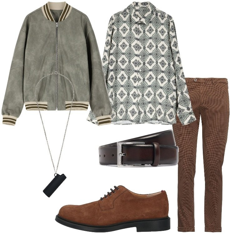 Outfit uomo - Trendy a primavera. Stile Trendy per Tutti i giorni. Abbinamento con pantaloni chino, scarpe stringate, collane, camicie, bomber, cinture.