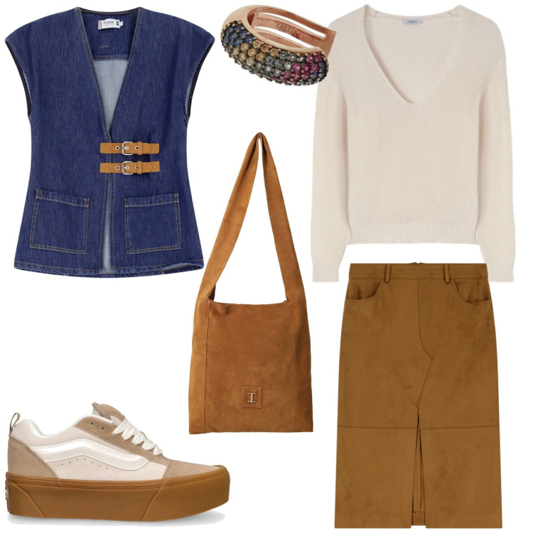 Outfit donna - Gonna con speakers. Stile Casual per Tutti i giorni. Abbinamento con gilet, gonne longuette, borse a tracolla, sneakers, orecchini, pullovers.
