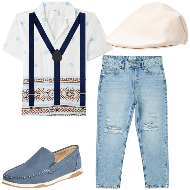 Outfit uomo - Se non è personalizzato. Stile Casual per Tutti i giorni. Abbinamento con jeans strappati, scarpe stringate, camicie a manica corta, cappelli e berretti, bretelle.