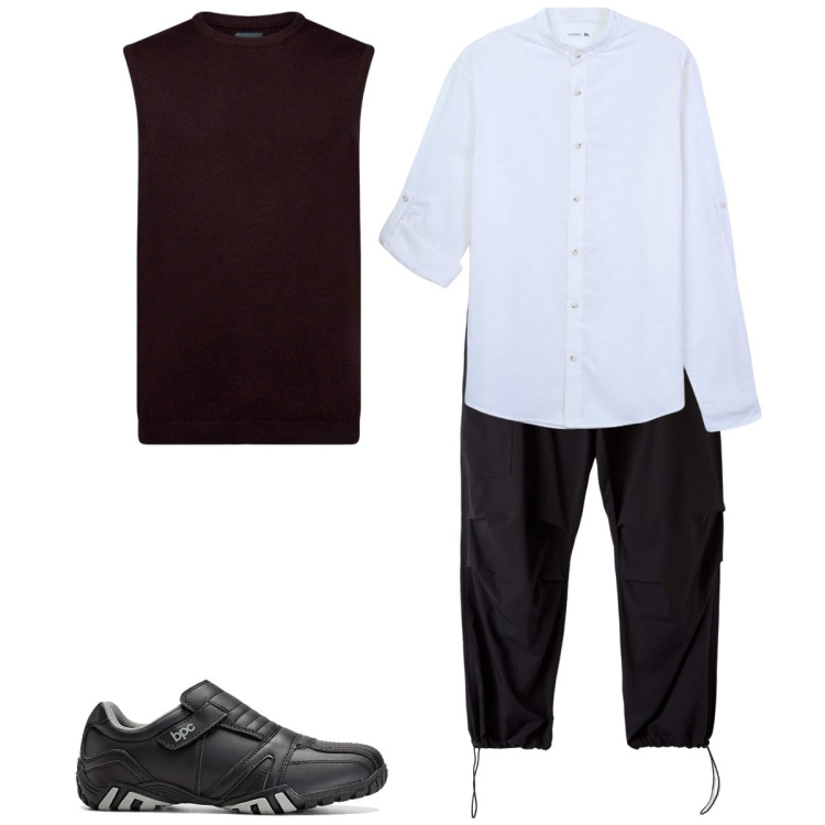 Outfit uomo - Minimal. Stile Urban per Tutti i giorni. Abbinamento con scarpe stringate, pantaloni cargo, camicie, gilet.