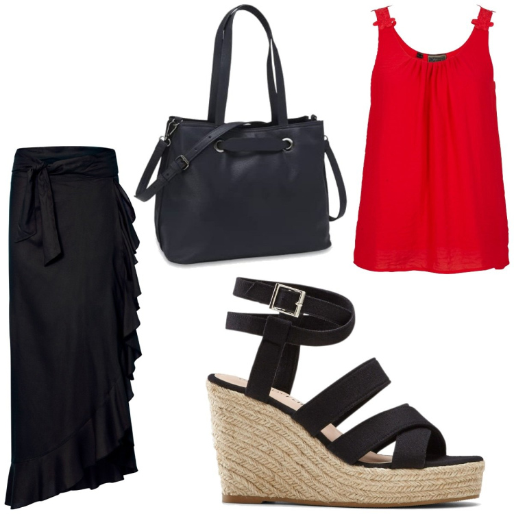 Outfit femme - Casual #4705. Style Casual pour Tous les jours. Assortir avec chaussures à semelle compensée, t-shirts, jupes longues, sacs à main.