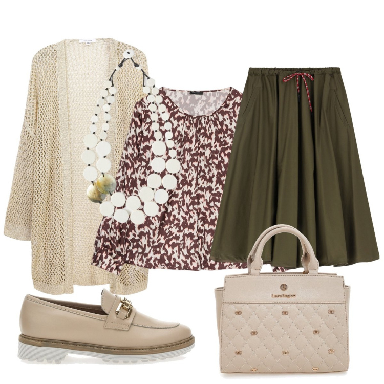 Outfit donna - La gonna ideale per diverse occasioni. Stile Bon Ton per Ufficio. Abbinamento con kimono, gonne longuette, mocassini, bluse, borse a mano, ciondoli.