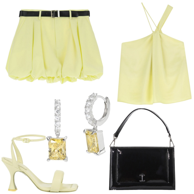 Outfit donna - Tonalità sorbetto. Stile Glamour per Serata fuori. Abbinamento con sandali in pelle, orecchini, minigonne, borse a tracolla, top.